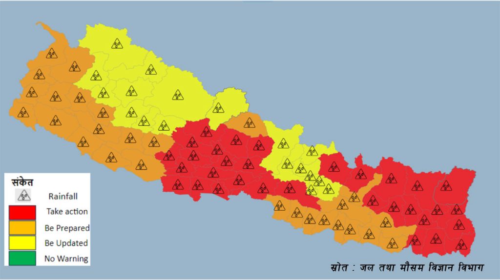 २० असारसम्म अत्यधिक पानी पर्ने, ३४ जिल्लामा 'रेड अलर्ट' जारी